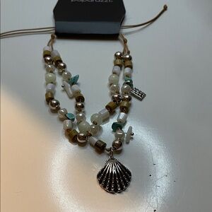 Adjustable White, Turquoise and Silver Toned Shell Pendant Bracelet